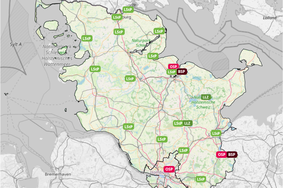 Landkarte Schleswig-Holstein mit Markierung der Orte von Landesstützpunkten und dem Landesleistungszentrum
