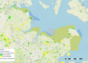 Potenzialkulisse (blau / blau-gelb schraffiert) eines möglichen Nationalparks Ostsee. Quelle: MEKUN